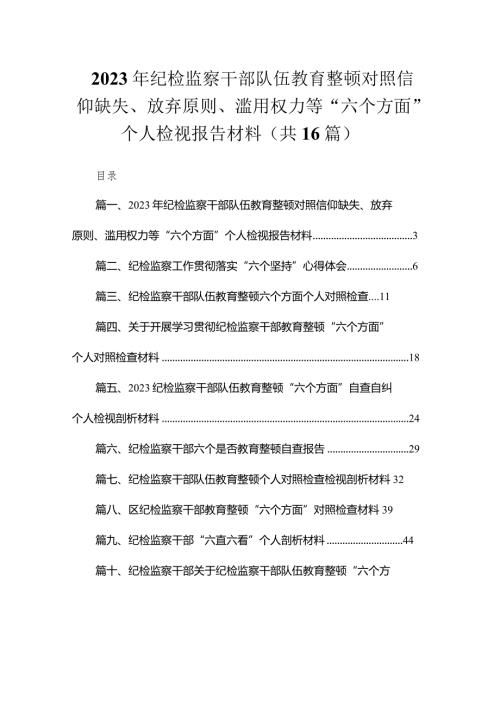 2023年纪检监察干部队伍教育整顿对照信仰缺失、放弃原则、滥用权力等“六个方面”个人检视报告材料精选（参考范文16篇）.docx