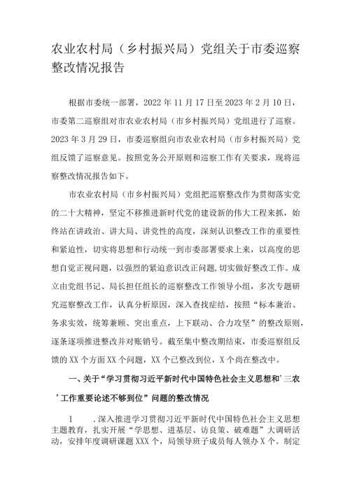 农业农村局（乡村振兴局）党组关于市委巡察整改情况报告.docx