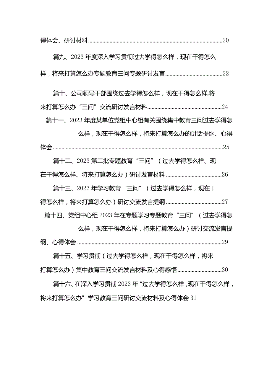 2023关于学习贯彻（过去学得怎么样现在干得怎么样将来打算怎么办）“三问”研讨发言材料及心得（共16篇）.docx_第2页