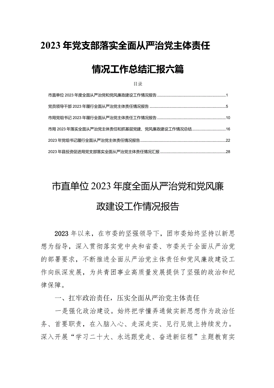 2023年党支部落实全面从严治党主体责任情况工作总结汇报六篇.docx_第1页