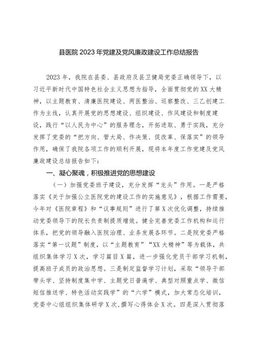 县医院20232024年党建及党风廉政建设工作总结报告.docx