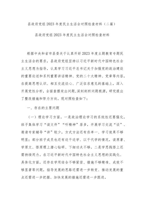 县政府党组2023民主生活会对照检查材料(二篇).docx