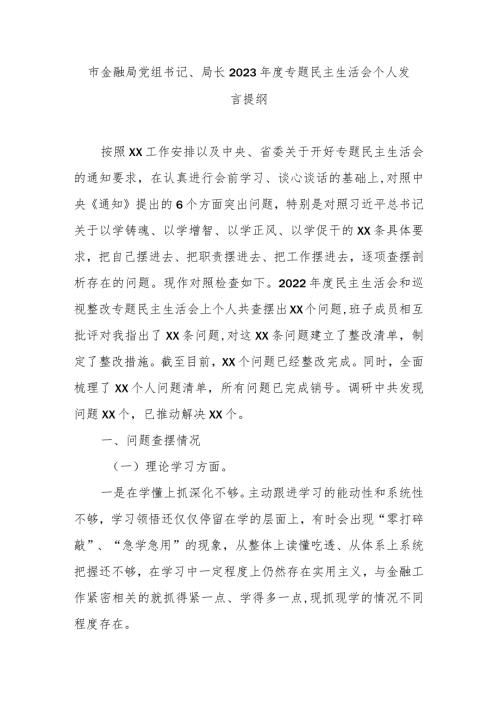 市金融局党组书记、局长2023专题民主生活会个人发言提纲.docx