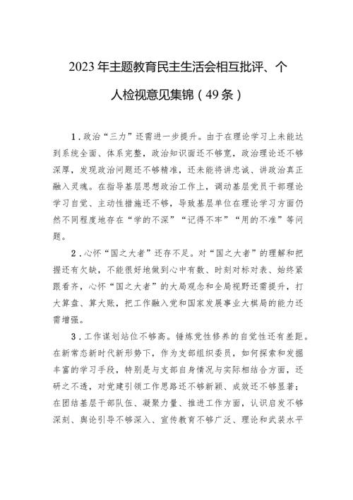 2023年主题教育民主生活会相互批评、个人检视意见集锦（49条）.docx