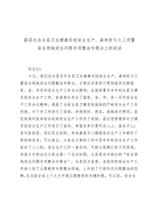 副县长在2024全县卫生健康系统安全生产、森林防灭火工作暨安全领域突出问题专项整治专题会上的讲话.docx