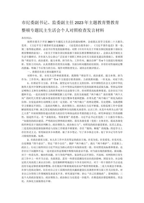 市纪委副书记、监委副主任2023年主题教育暨教育整顿专题民主生活会个人对照检查发言材料.docx