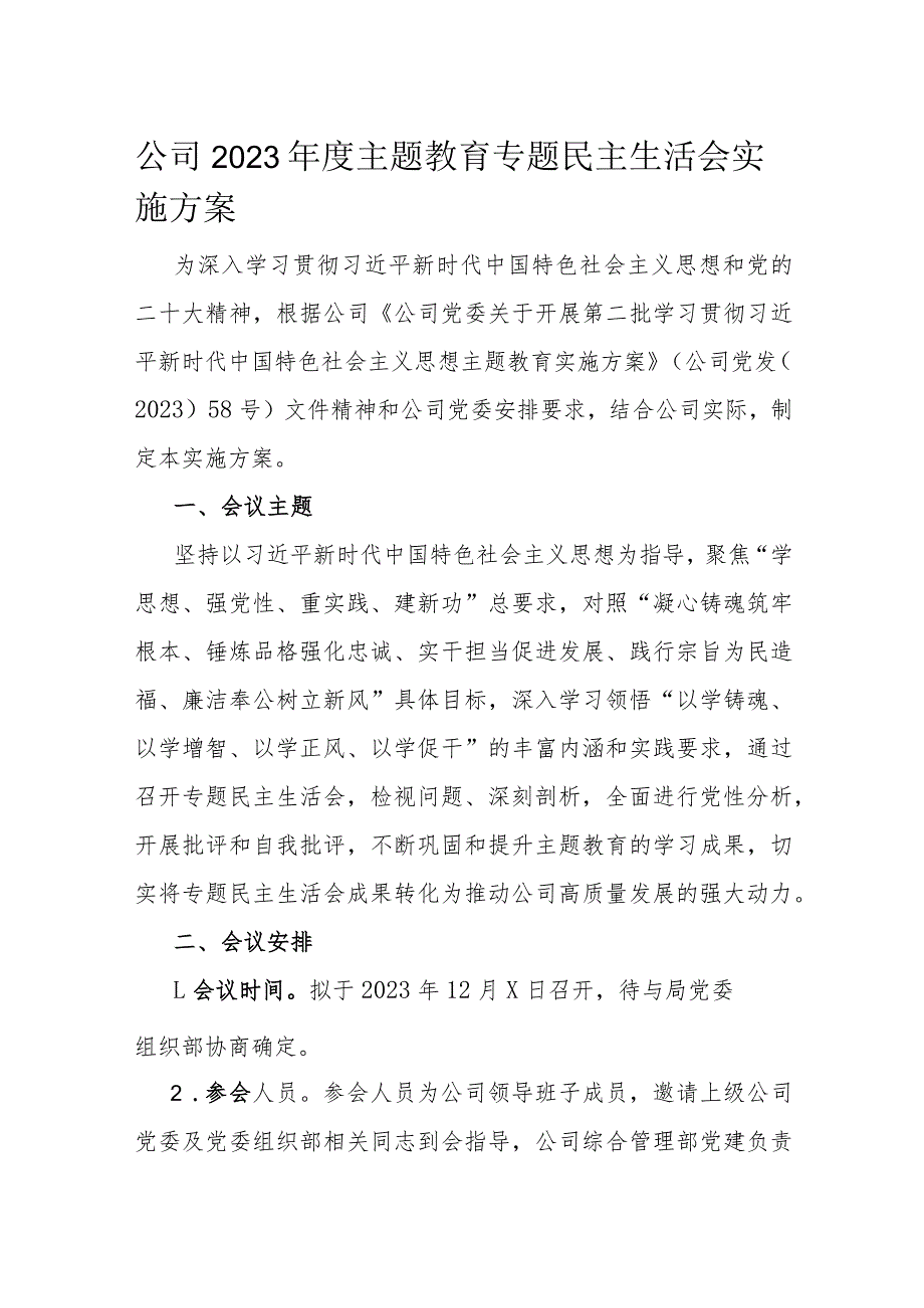 公司2023主题教育专题民主生活会实施方案.docx_第1页