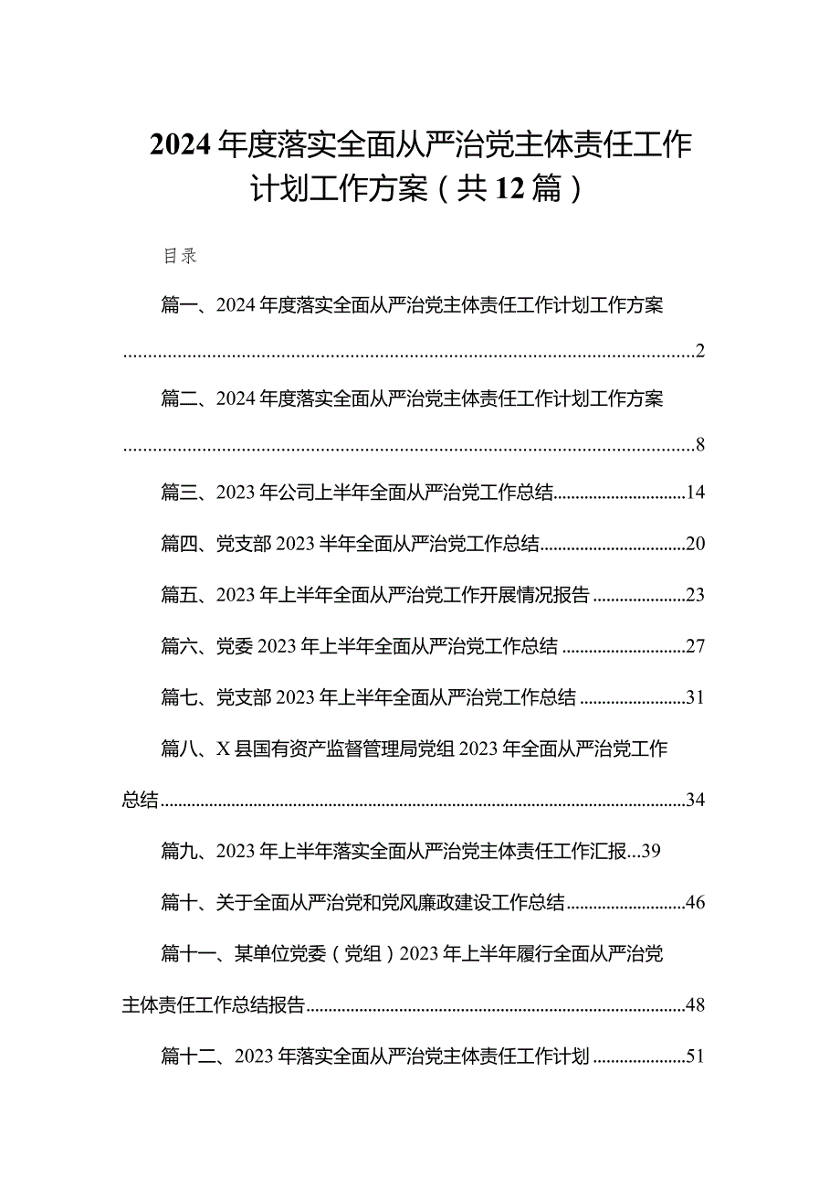 2024落实全面从严治党主体责任工作计划工作方案（共12篇）.docx_第1页
