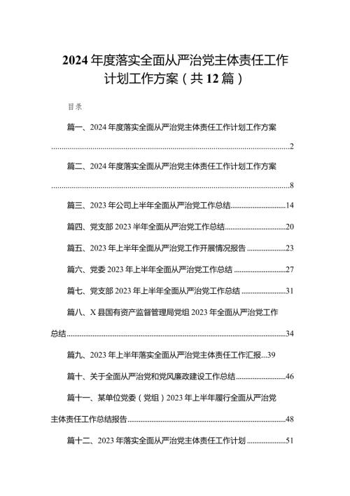 2024落实全面从严治党主体责任工作计划工作方案（共12篇）.docx