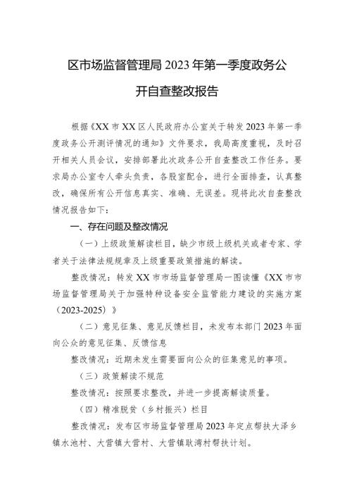 区市场监督管理局2023年第一季度政务公开自查整改报告.docx