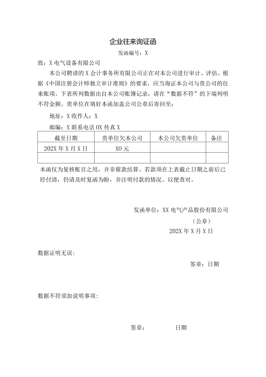 企业往来询证函（2023年XX电气产品股份有限公司）.docx_第1页