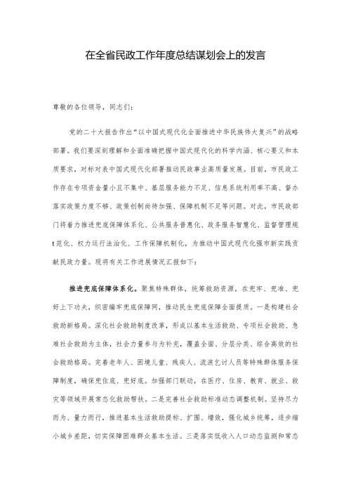 在全省民政工作总结谋划会上的发言.docx