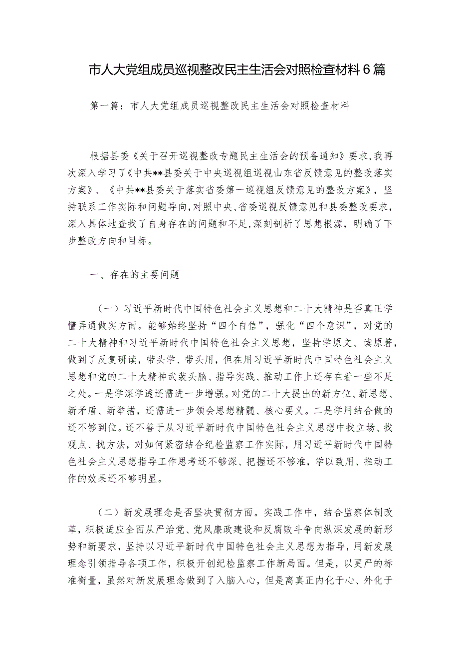 市人大党组成员巡视整改民主生活会对照检查材料6篇.docx_第1页
