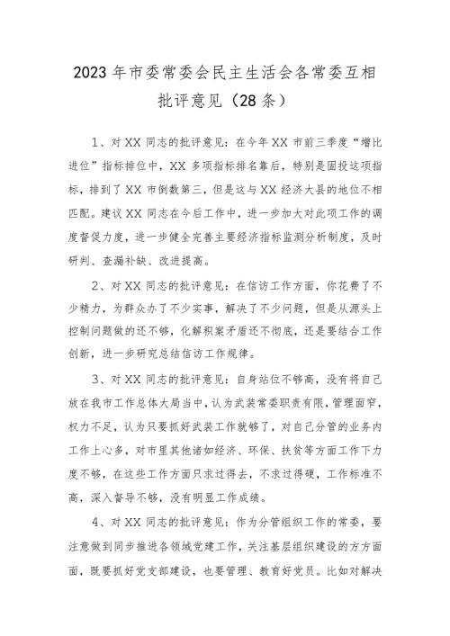 2023年市委常委会民主生活会各常委互相批评意见（28条）.docx