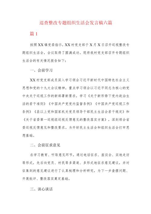巡查整改专题组织生活会发言稿六篇.docx