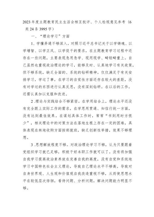 2023主题教育民主生活会相互批评、个人检视意见.docx