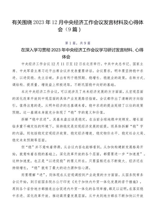 有关围绕2023年12月中央经济工作会议发言材料及心得体会（9篇）.docx