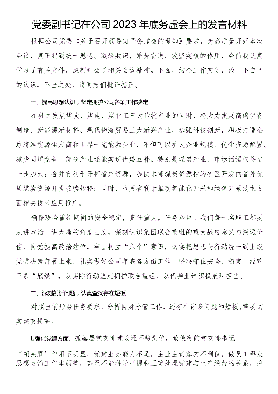 党委副书记在公司2023年底务虚会上的发言材料(2).docx_第1页