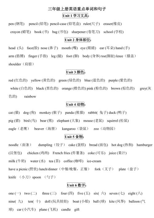 PEP人教版三年级上册英语重点单词和句子.doc
