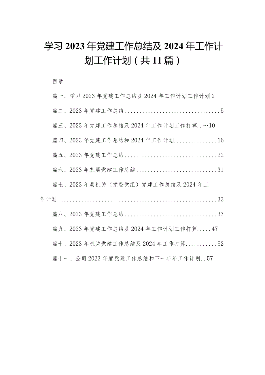 （11篇）学习2023年党建工作总结及2024年工作计划工作计划精选.docx_第1页