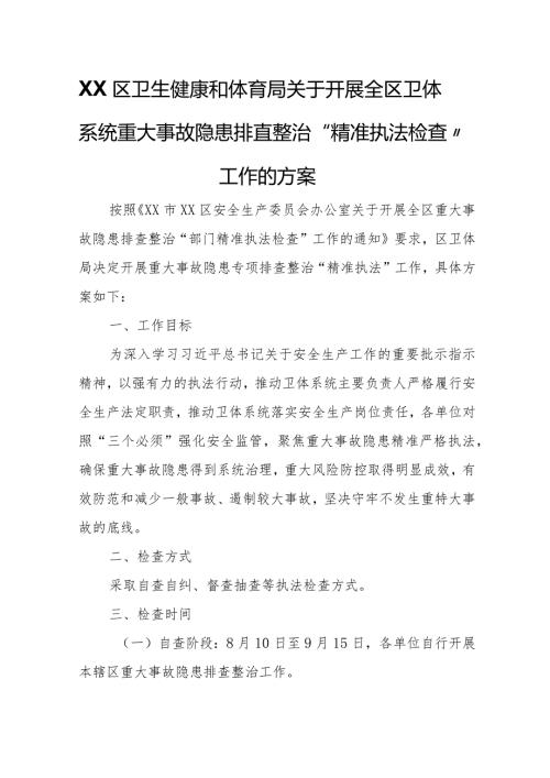 XX区卫生健康和体育局关于开展全区卫体系统重大事故隐患排查整治“精准执法检查”工作的方案.docx