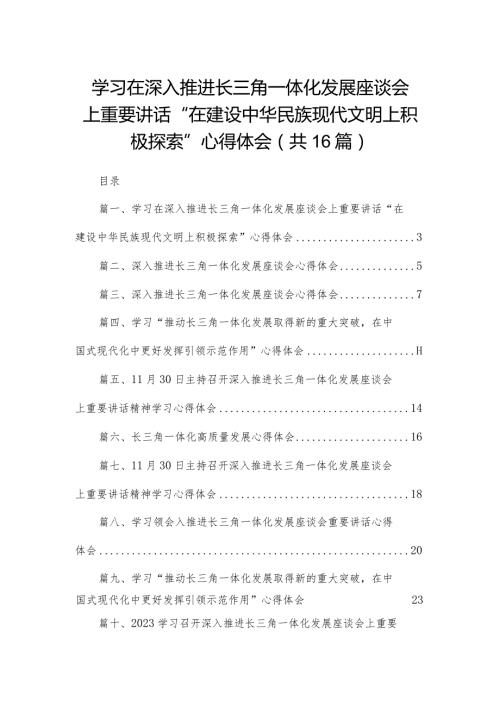 学习在深入推进长三角一体化发展座谈会上重要讲话“在建设中华民族现代文明上积极探索”心得体会（共16篇）.docx