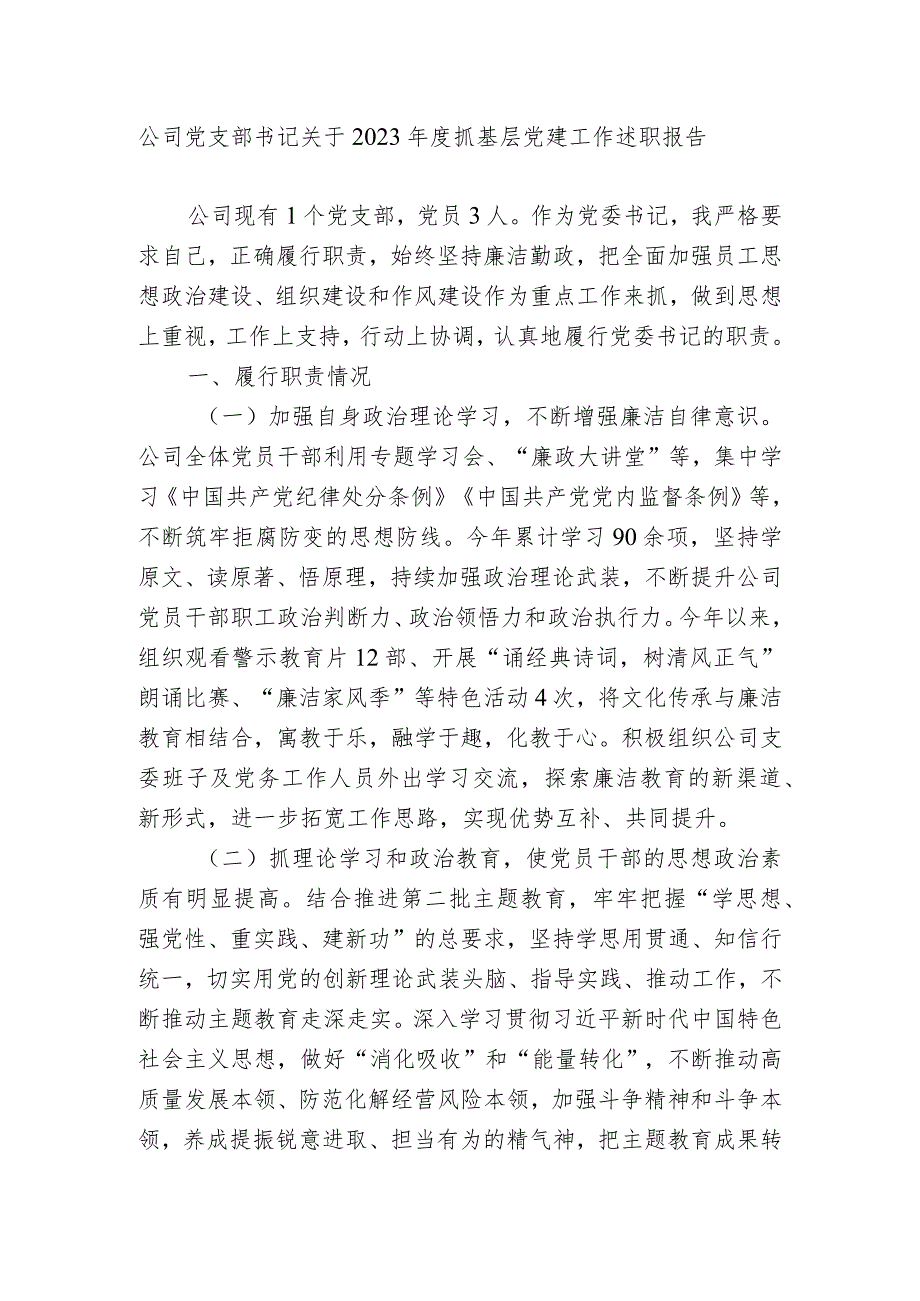 国企公司党支部书记关于20232024抓基层党建工作述职报告.docx_第1页