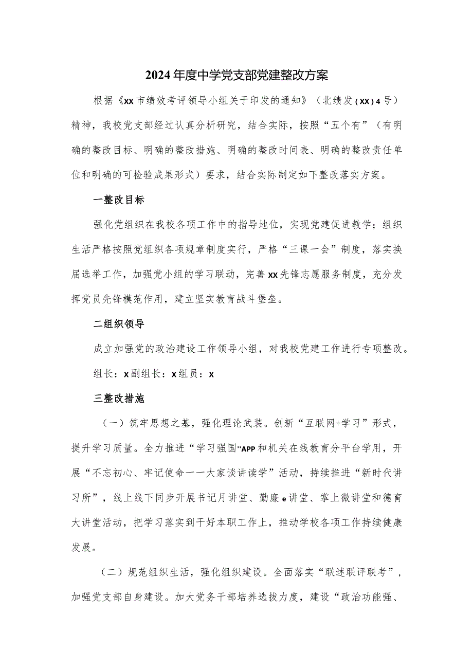 2024中学党支部党建整改方案.docx_第1页