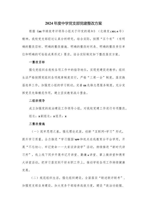 2024中学党支部党建整改方案.docx