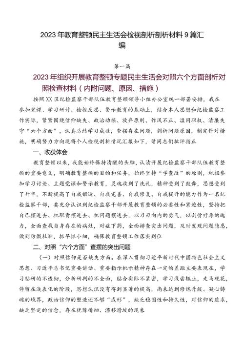 2023年教育整顿民主生活会检视剖析剖析材料9篇汇编.docx