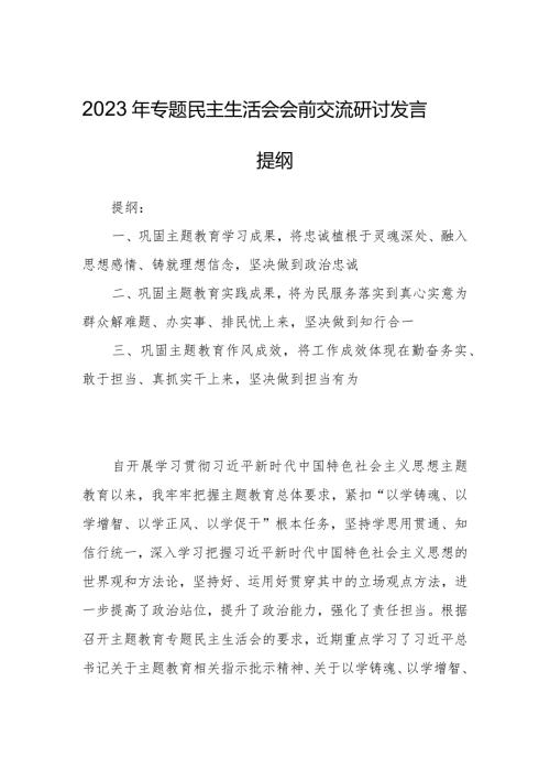 2023年专题民主生活会会前交流研讨发言提纲.docx