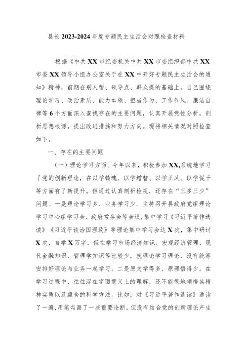 县长20232024专题民主生活会对照检查材料.docx