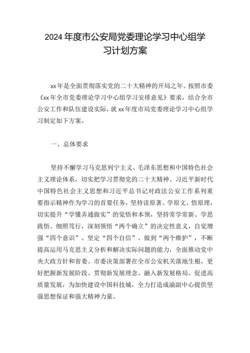 2024市公安局党委理论学习中心组学习计划方案.docx