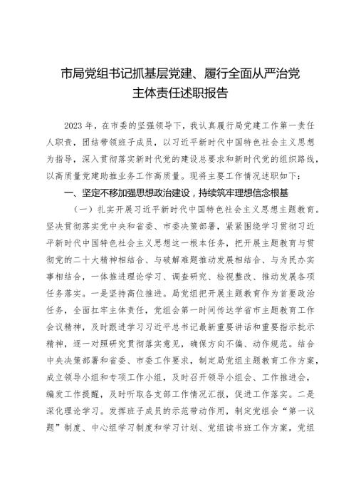 市局党组书记20232024抓基层党建、履行全面从严治党主体责任述职报告.docx