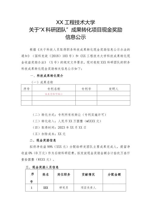 XX工程技术大学关于科研团队成果转化项目现金奖励信息公示（2023年）.docx