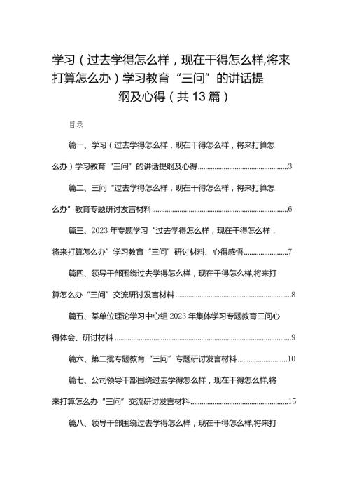 学习（过去学得怎么样现在干得怎么样将来打算怎么办）学习教育“三问”的讲话提纲及心得（共13篇）.docx