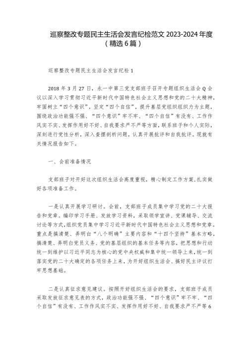 巡察整改专题民主生活会发言纪检范文20232024(精选6篇)1.docx