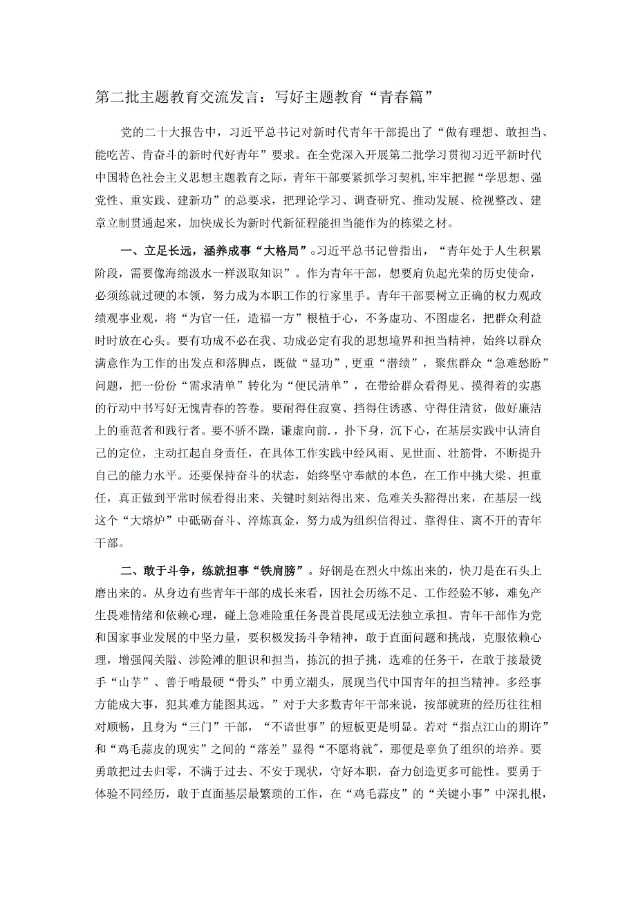 第二批主题教育交流发言：写好主题教育“青篇”(1).docx_第1页