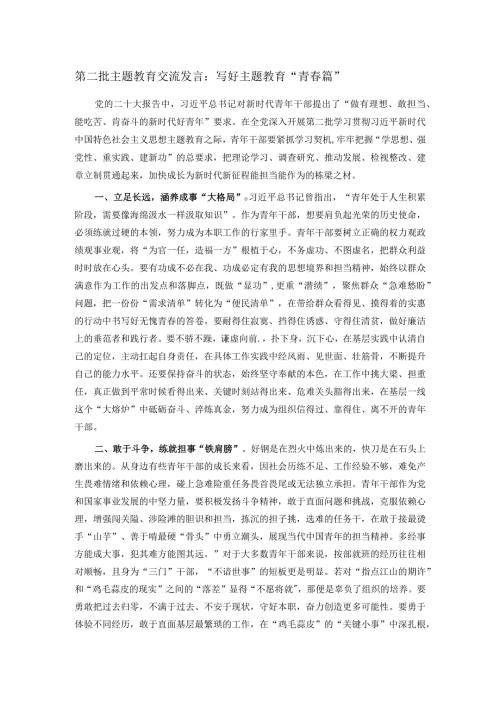 第二批主题教育交流发言：写好主题教育“青篇”(1).docx