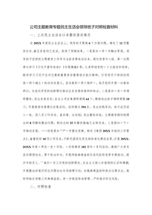 公司主题教育专题民主生活会领导班子对照检查材料.docx
