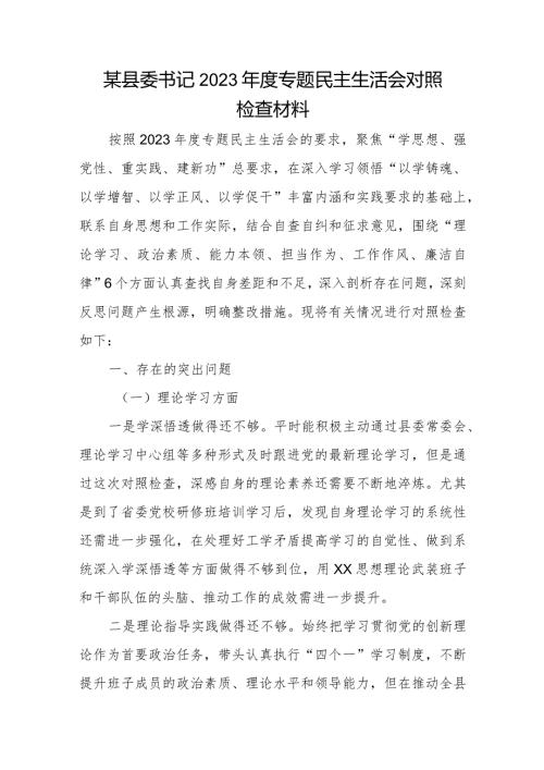 某县委书记2023专题民主生活会对照检查材料.docx