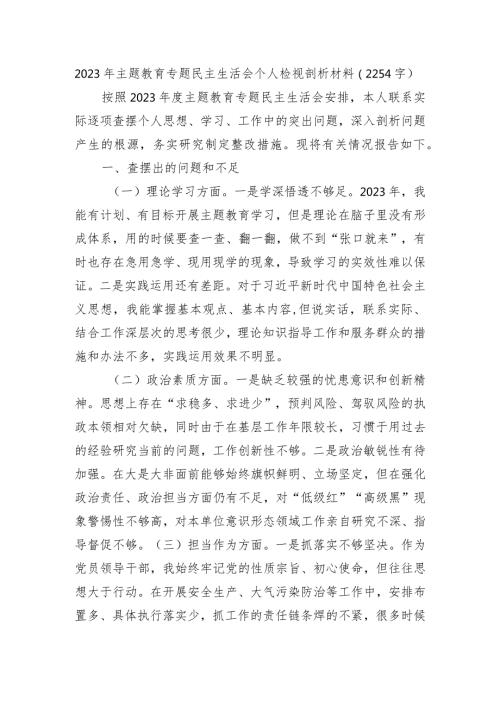 2023年主题教育专题民主生活会个人检视剖析材料.docx