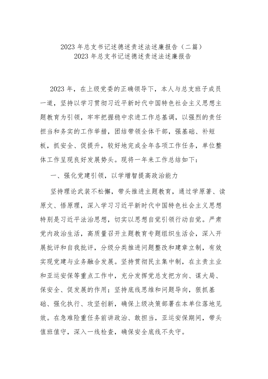 2023年总支书记述德述责述法述廉报告(二篇).docx_第1页