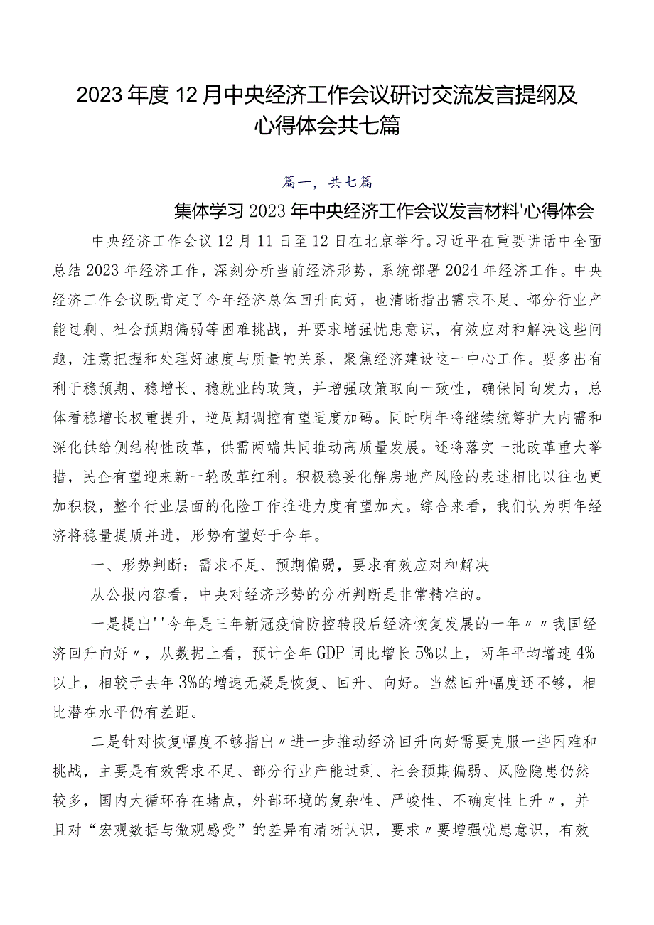 202312月中央经济工作会议研讨交流发言提纲及心得体会共七篇.docx_第1页