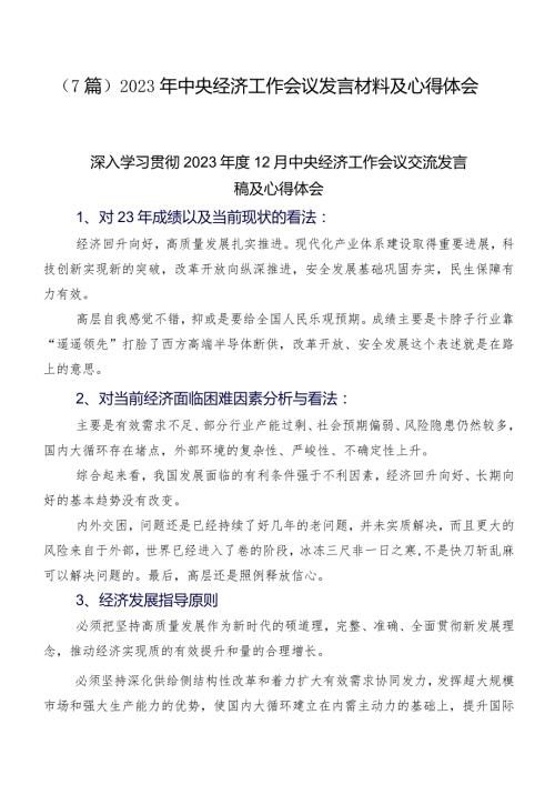 （7篇）2023年中央经济工作会议发言材料及心得体会.docx