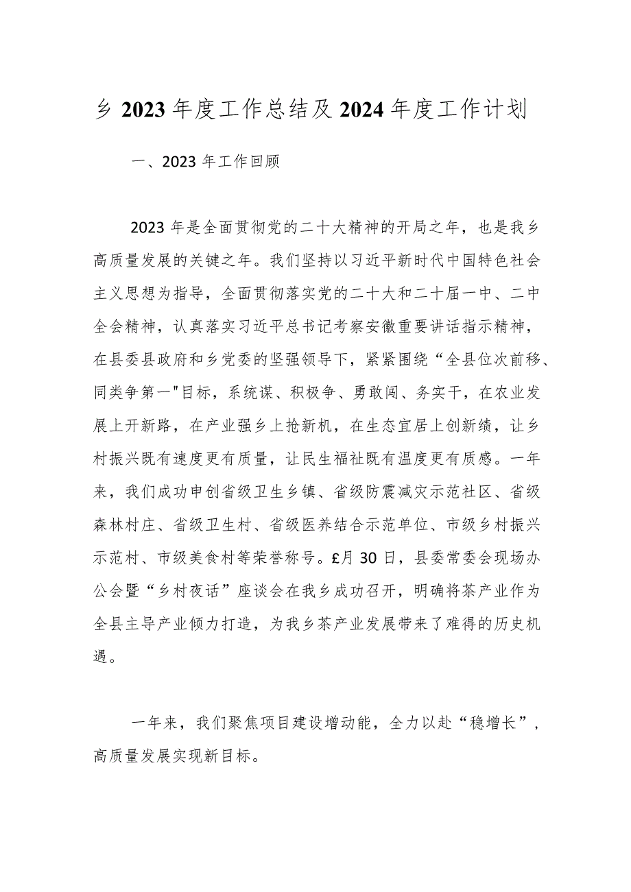 乡2023工作总结及2024工作计划.docx_第1页