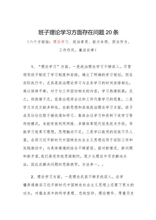 领导班子2023“理论学习”方面存在问题20条.docx