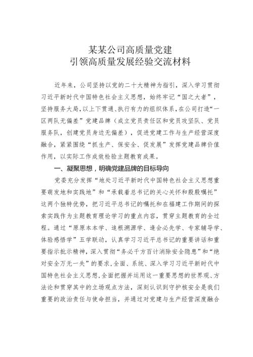 某某公司高质量党建引领高质量发展经验交流材料(1).docx
