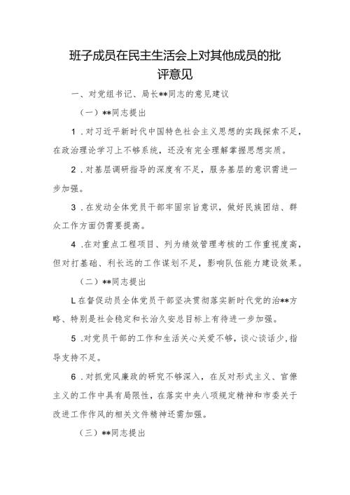 班子成员在民主生活会上对其他成员的批评意见.docx