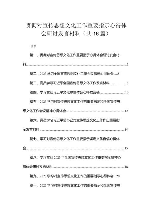 2023贯彻对宣传思想文化工作重要指示心得体会研讨发言材料（共16篇）.docx